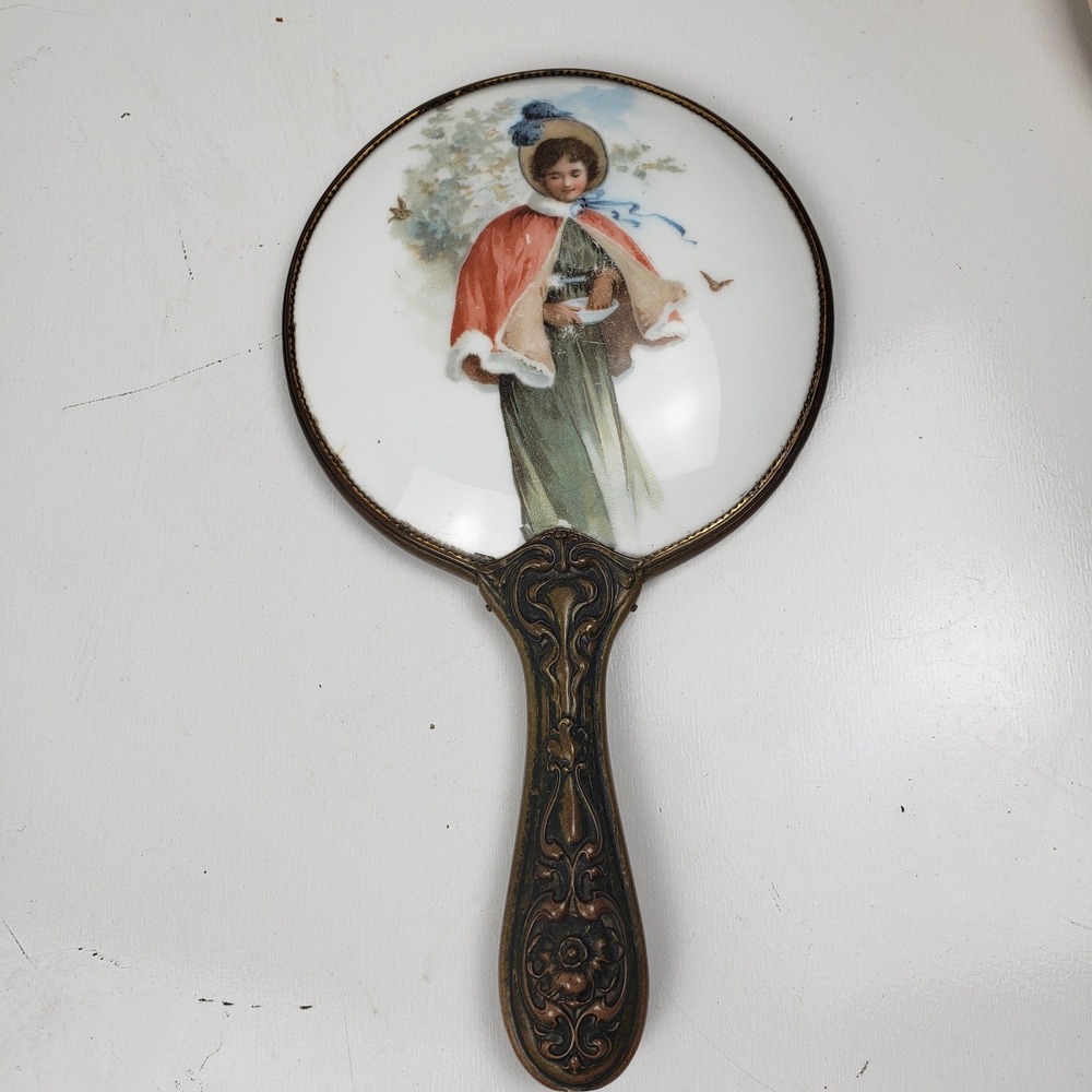 Vintage Victorian Style Hand Mirror Ornate Brass Porcelain Lady Red Cape Beveled